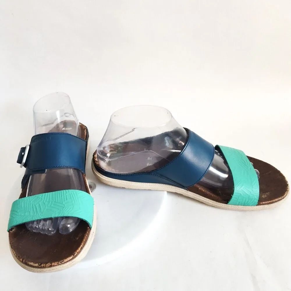 Merrell‎ Comfort Sandals Womens 10 Poseidon Blue Teal Leather Slip On Strappy